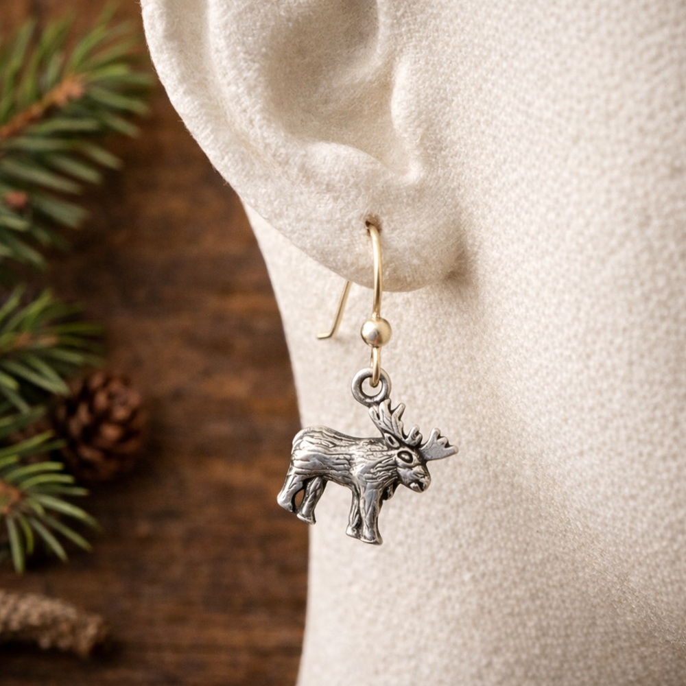 Sterling Silver Moose Earrings 925 Dangle Wildlife Cabin Rustic Outdoor Jewelry - Picture 3 of 4